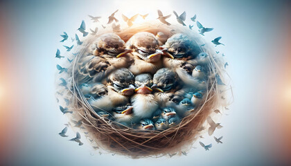 Fototapeta premium Nestled Kin: A Symbol of Unity and Warmth - Close-up Small Animal Double Exposure Family of Birds.
