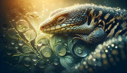 Close-Up Double Exposure of Lizard Scales and Dewy Leaves, Showcasing Nature's Textures in Serene Setting - Small Animal Detail in Photo Stock Concept - obrazy, fototapety, plakaty