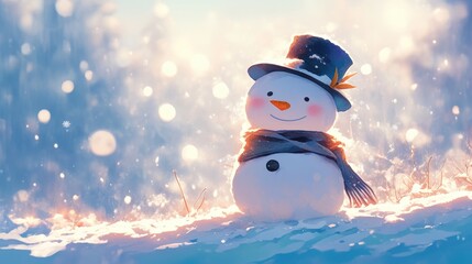 A 2d illustration featuring a snowman adorned with a stylish black top hat and sporting a classic carrot nose set against a backdrop of wintry weather