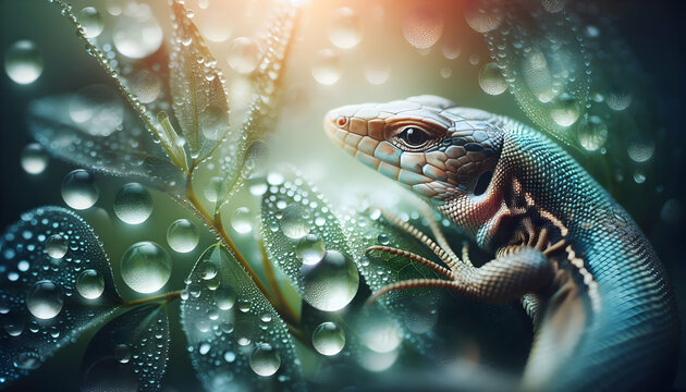 Serenity in Nature: Close-Up Double Exposure of Lizard Scales Amid Dewy Leaves, Showcasing Texture and Small Animal Beauty