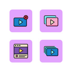 Video player line icon collection. Close online player, red cross, view YouTube, several videos. Watching video concept. Vector illustration for web design and apps - obrazy, fototapety, plakaty