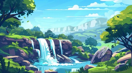 Summer nature scene with waterfall cascades at a natural landscape. Cartoon view of stream flow from rocks, falling to the lake with green valley and trees in the background. Illustration of a wild