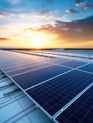 A field of solar panels generates clean energy as the sun sets in the background.