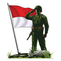Indonesian hero wearing green army uniforms standing straight and saluting the red and white flag