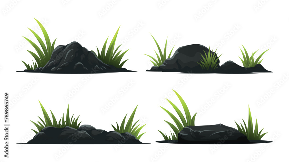 Wall mural Vector stone with green bush and grass elements collections with flat design