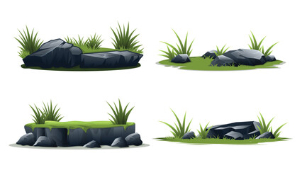 Stone, Grass and bush elements collections with flat design
