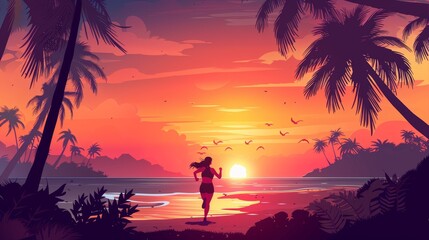 Cartoon panorama sunrise nature illustration of a runner girl on a palm road at sunset. Tropical summer landscape modern background. Woman make sport on the street coastline. - obrazy, fototapety, plakaty