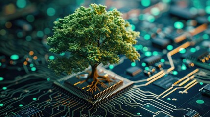 Fototapeta premium The bottom angle view of the growing green tree on the cpu on the land of the greenish mainboard and yellowish circuits of the motherboard that seem so large and make the tree looks so small. AIGX03.
