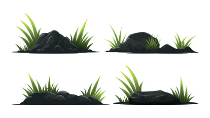 Vector stone with green bush and grass elements collections with flat design