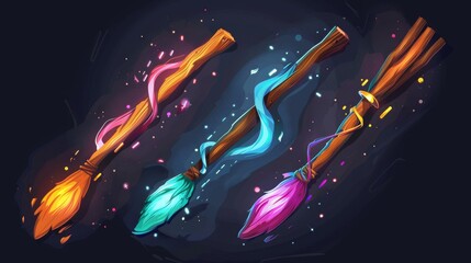 Set of cartoon witch broomsticks isolated on light background. Modern illustration of magic flight transport with wood handle glowing with neon colors, sparkles. Witchcraft accessory. Halloween item. - obrazy, fototapety, plakaty