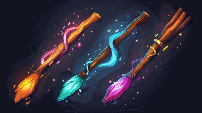Set of cartoon witch broomsticks isolated on light background. Modern illustration of magic flight transport with wood handle glowing with neon colors, sparkles. Witchcraft accessory. Halloween item.