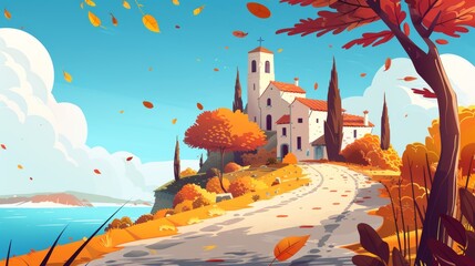 An autumn falling leaves modern cartoon landscape with an orange tree and a town far away on the horizon. Traveling on holiday in a rustic French cottage.