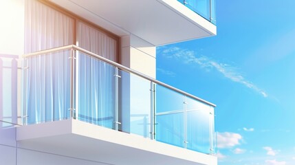 Window to a living room, office, or hotel room showing a view of blue skies on a 3d balcony. Empty house terrace with glass railing, modern realistic illustration.