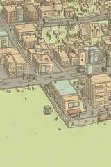 Incorporate a birds-eye view perspective of a post-apocalyptic cityscape overrun by nature, blending survival stories narrative with RPG video game elements Use digital vector techniques to depict the