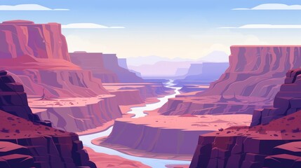 Modern landscape illustration of the Grand Canyon and river in the Arizona national park. Wild and lonely desert with rock cliffs and mountain valleys for adventure and travel in the USA.