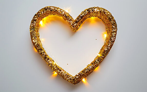 Golden Shining Heart Shape Frame on white Background. generative ai