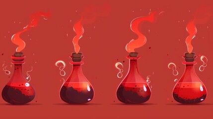 Icons of a red laboratory game potion animation with smoke. An isolated design of an UI story with an evaporating chemical poison evoking magic love. A fantasy antidote prop sheet collection. - obrazy, fototapety, plakaty