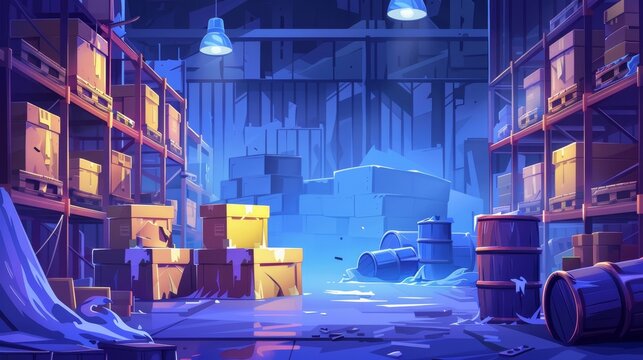 Factory box warehouse interior with cargo and goods parcels awaiting delivery. Toxic liquid supply in broken barrel. Dirty building hangar with bulb lights.