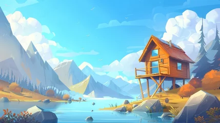 Poster A small wooden house on stilts on a lakeside in a forest with hills on the horizon, trees and firs, and a cozy cottage. Modern natural landscape with hills on horizon, trees and firs, and a blue © Mark