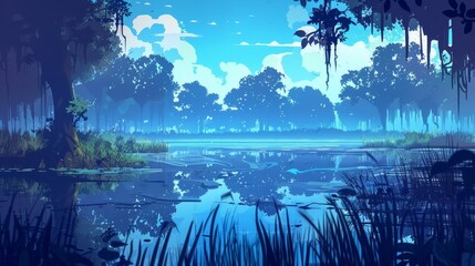 The forest swamp landscape background of a fantasy game. Wildlife scene with a lake and beautiful nature park environment. Deciduous wild wetland area with tree silhouettes in the foreground. - obrazy, fototapety, plakaty