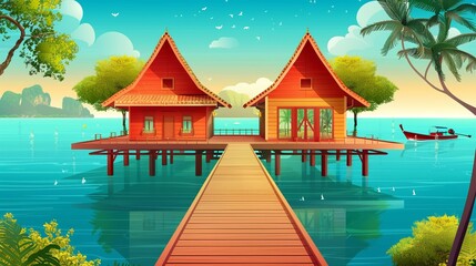 Floating house with pier near beach in summer. Thailand or Hawaiian tropical resort with wharf on calm ocean shoreline. - obrazy, fototapety, plakaty