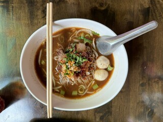 beef noodles Add a variety of vegetables, Thai food, popular street food.