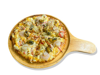 A close-up reveals a tantalizing seafood pizza bursting with fresh toppings
