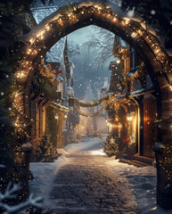 a christmas decorated winter wonderland at night with christmas lights down a quaint but beautiful...