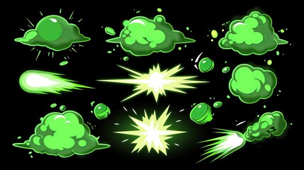 A green explosion sprite sheet isolated on a black background shows a light spot, boom effect, clouds of toxic smoke spreading and disappearing in the air, and an alien attack.