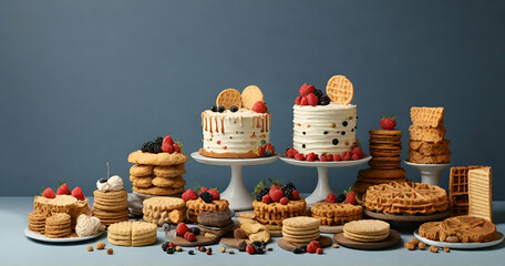 Tasty fresh biscuits and pieces against various type of Cakes, cookies, crackers and waffles collection ai generative