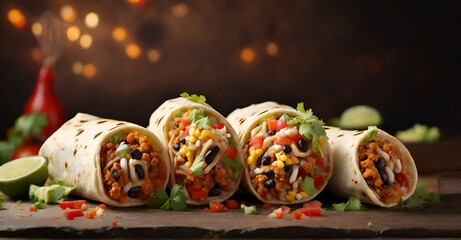 Tasty Mexican burrito rolls tortilla wrapped into a cylindrical shape around a filling of various ingredients ai generative