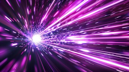 Abstract neon pink and purple rays with circular centric motion on black background. Space travel route perspective with explosion energy warp effect.