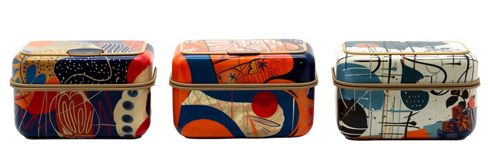 set of different artistically designed lunchboxes with abstract patterns, isolated on transparent background