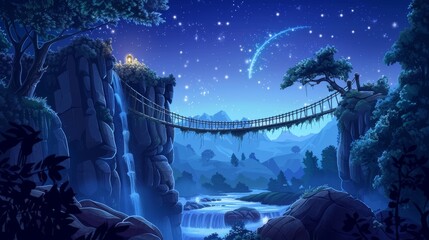 Dark dusk cartoon natural landscape with adventure footbridge over wide river and dangerous rock cliff with rope bridge hanging between edges. - obrazy, fototapety, plakaty