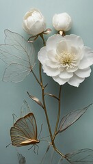 Gardenia Peony and butterfly close-up Art Deco