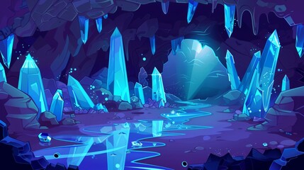 Dark cave with blue crystals. Modern illustration of a dark underground mine with mineral stones on the walls, puddles on the ground, treasure grotto, jewelry mining dungeon, game background.