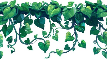 A jungle liana vine framed in green leaves. Cartoon modern illustration border of rainforest tree creeping branches. Tropical hanging plant stems and rope. Tropical hanging vegetation frame. - obrazy, fototapety, plakaty