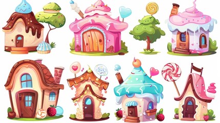 An adorable set of cute fantasy dessert homes for candyland design. Cartoon modern illustration set of cute fantasy dessert homes. Fantastic confectionery.