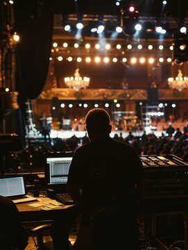 A man sits at a mixing console in a darkened theater.