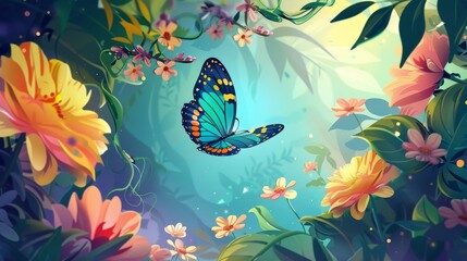 The butterfly and blooming flowers can be used as a template for folders, brochures, business cards, and birthday invitations