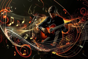 Man playing a guitar with musical notes around him. 