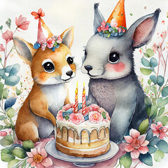 귀여운 동물이 케익과 함께 생일축하를 해주는 이미지