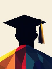 A silhouette of a person wearing a graduation cap and gown with a colorful background.