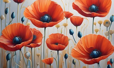 Vibrantly-colored oil painted poppies flowers - beautiful floral artwork