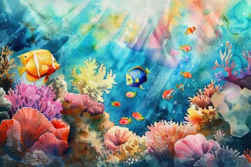A watercolor painting of a coral reef with many colorful fish