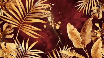 Obraz na płótnie Canvas Modern illustration of tropical gold heliconia plants on dark red vintage background. A botanical vertical design with golden paint smear, exotic tropic jungle flowers for wedding invitations or