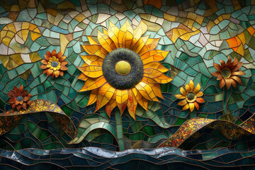 a stained glass artwork in the style of Gustav Klimt, big sunflower in the morning
