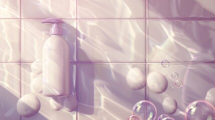 The concept of a baby cosmetic bottle in a bathroom with a white dispenser called a shampoo pack or liquid cream, a lotion tube or oil, a powder tube with a purple cap, and a cute label on a tiled
