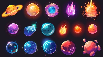 UI Galaxy game fantasy space planets. Sketched modern icons with rocks, liquid core, holes, and spirals. A collection of fantastic astronomical objects. - obrazy, fototapety, plakaty