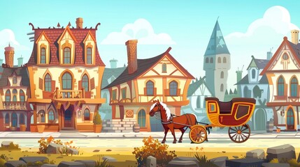 The horse stagecoach stands on an empty antique street with low-rise buildings, while a retro carriage vehicle is parked near the stone house in an eastern town. Historical fairy tale scene Cartoon